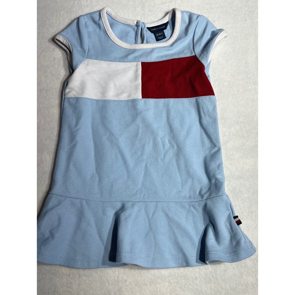 Tommy Hilfiger Baby Girls Light Blue Flag Logo Pique Ruffle Polo Dress 18 Months